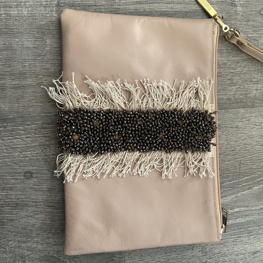 gioseppo Women’s Clutch With Strap Beadwork With Fringe Accent Color Blush/nude